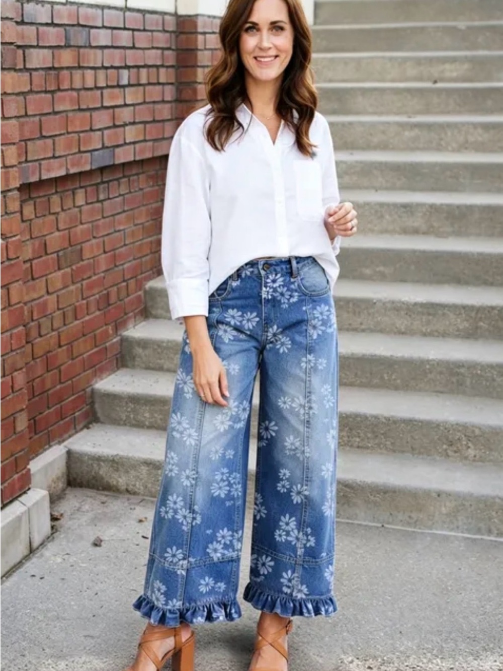 Blue Floral Ruffle-Hem Cropped Wide-Leg Jeans